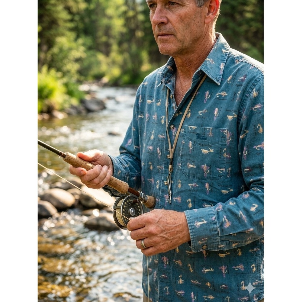 Duxbak Button-down Fly Fishing Lures‎ Print Shirt Mens Size XL.